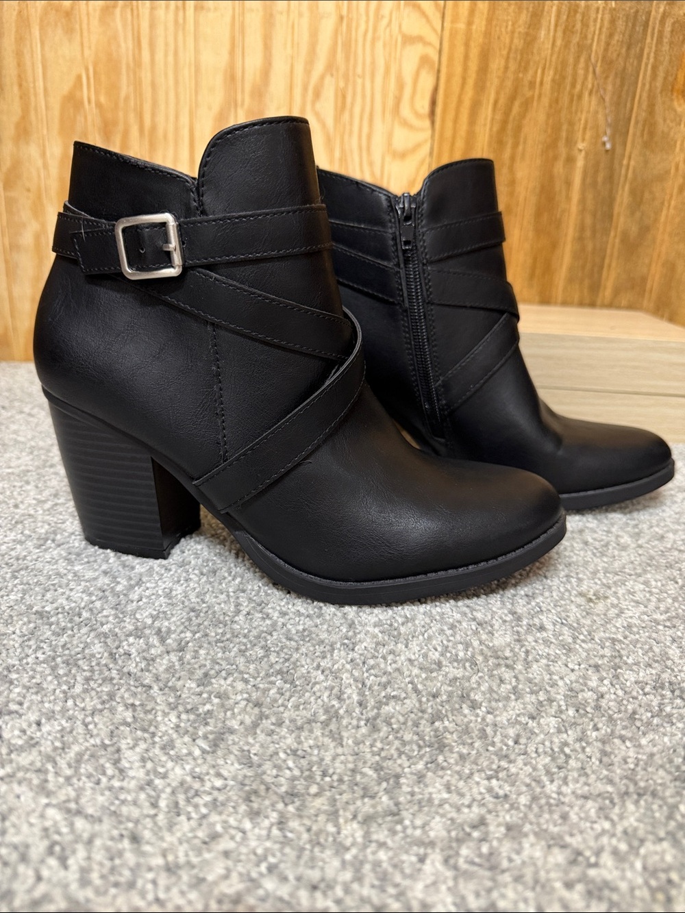 Style & Co women's Black Ankle Heeled Booties with Buckle Detail